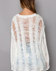 POL Distressed Round Neck Long Sleeve Knit Cover Up