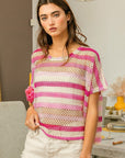 Tan BiBi Striped Openwork Short Sleeve Knit Cover Up