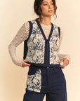 Davi & Dani Lace Patch Open Front Denim Vest