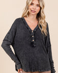 Mittoshop Washed V-Neck Long Sleeve Blouse