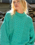 Medium Sea Green POL Mock Neck Cable Knit Sweater