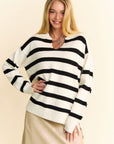 Davi & Dani High-Low Side Slit Striped Johnny Collar Sweater
