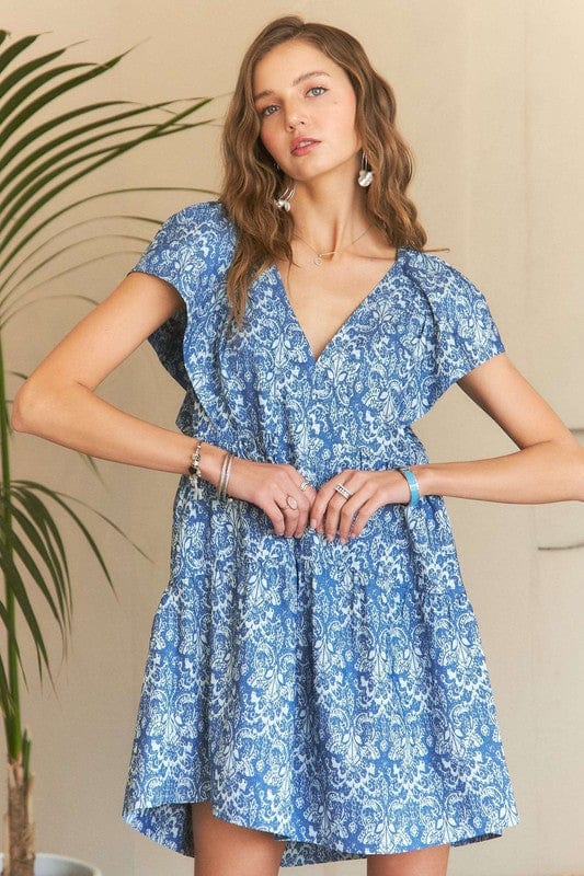 adora mini dress ADORA Printed V-Neck Ruffle Sleeve Mini Dress Denim Blue / M