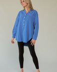 Davi & Dani Letter Back Raw Hem Half Button Shirt