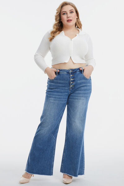 Lavender BAYEAS Full Size High Waist Button-Fly Raw Hem Wide Leg Jeans Sentient Beauty Fashions Apparel &amp; Accessories