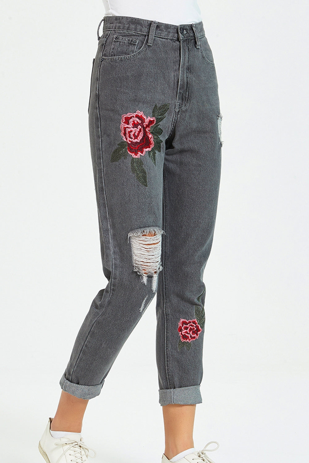 Dim Gray Flower Embroidery Distressed Jeans Sentient Beauty Fashions Apparel & Accessories