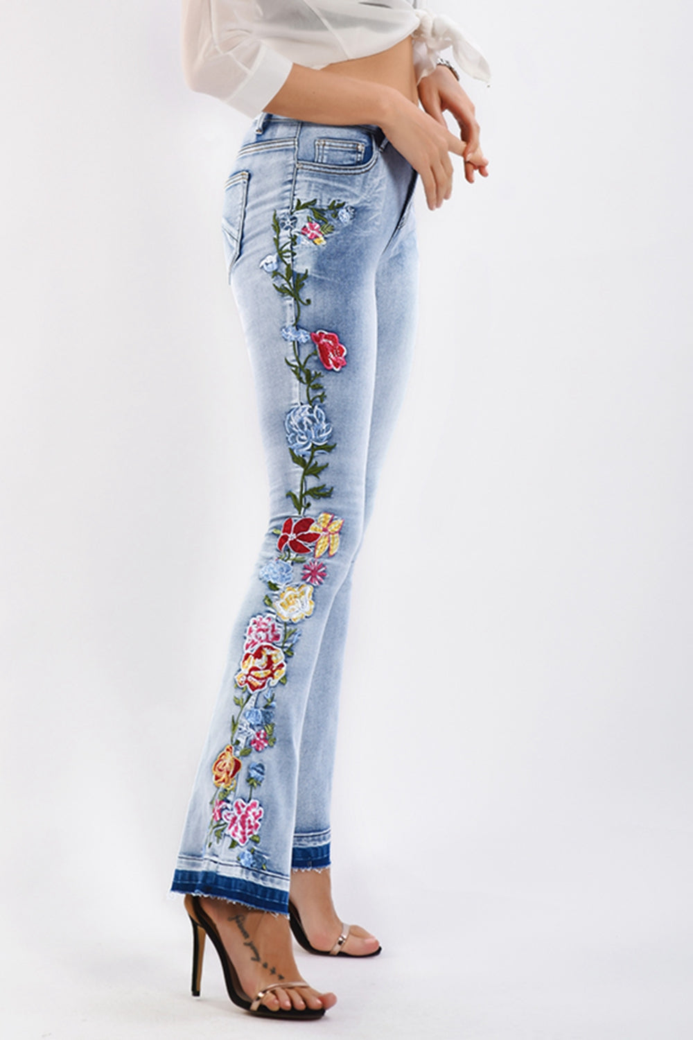 Lavender Full Size Flower Embroidery Wide Leg Jeans Sentient Beauty Fashions Apparel & Accessories