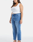 White Smoke BAYEAS Full Size High Waist Raw Hem Straight Jeans Sentient Beauty Fashions Apparel & Accessories