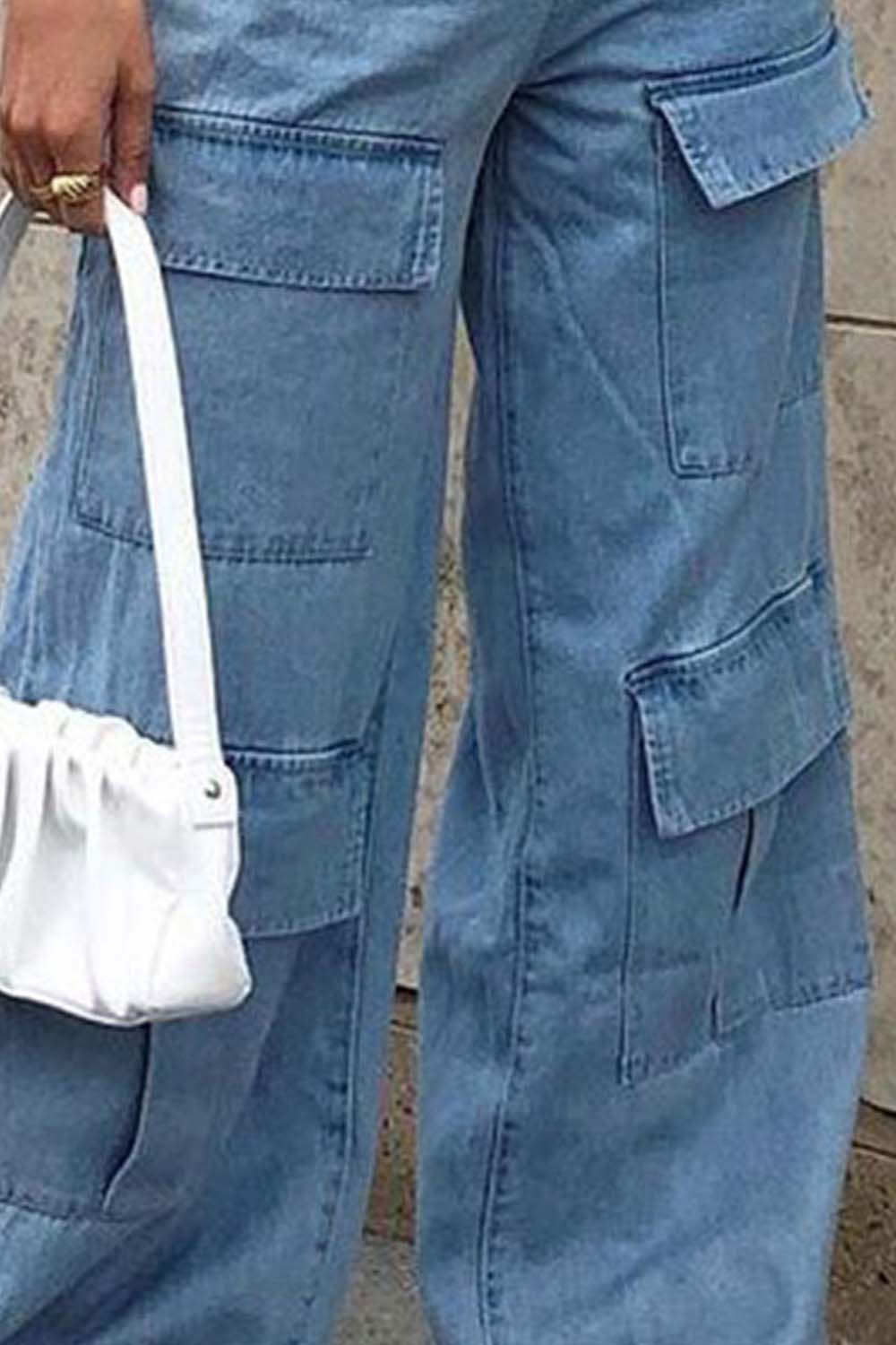 Dim Gray Wide Leg Knee Pocket Jeans Sentient Beauty Fashions Apparel & Accessories