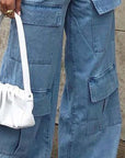 Dim Gray Wide Leg Knee Pocket Jeans Sentient Beauty Fashions Apparel & Accessories