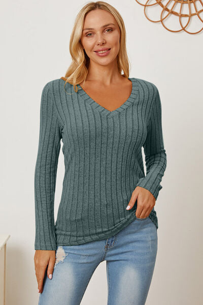 Dark Slate Gray Basic Bae Full Size Ribbed V-Neck Long Sleeve T-Shirt Sentient Beauty Fashions Apparel &amp; Accessories