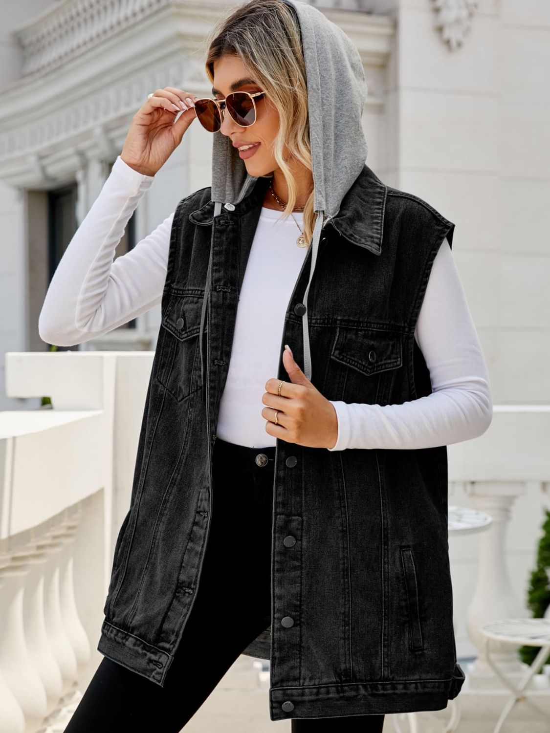 Black Drawstring Hooded Sleeveless Denim Top with Pockets Sentient Beauty Fashions Apparel & Accessories