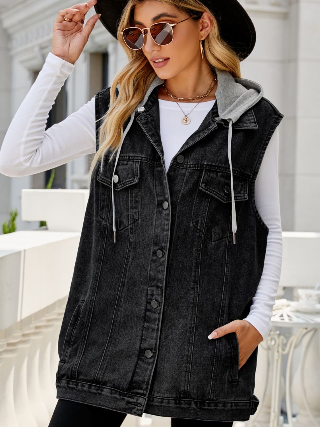 Black Drawstring Hooded Sleeveless Denim Top with Pockets Sentient Beauty Fashions Apparel & Accessories