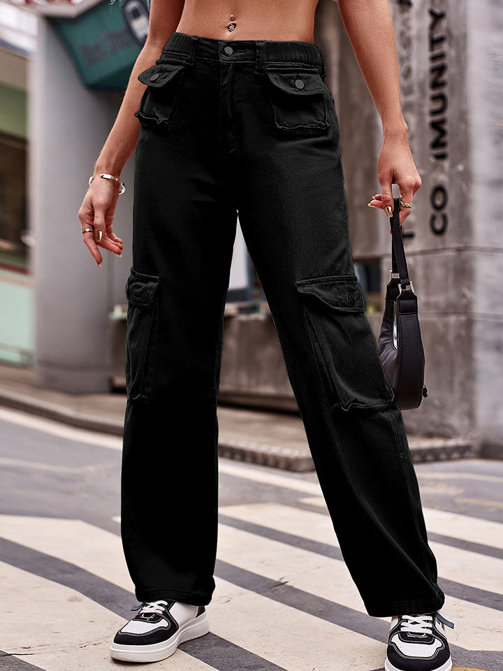 Black Straight Leg Cargo Jeans Sentient Beauty Fashions Apparel & Accessories