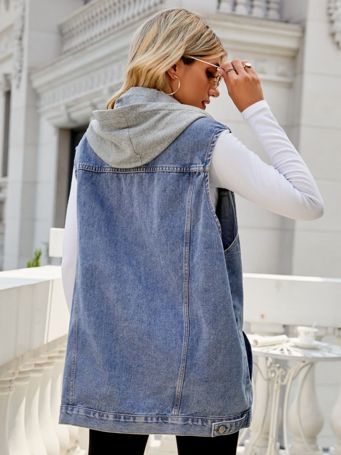 Gray Drawstring Hooded Sleeveless Denim Top with Pockets Sentient Beauty Fashions Apparel & Accessories
