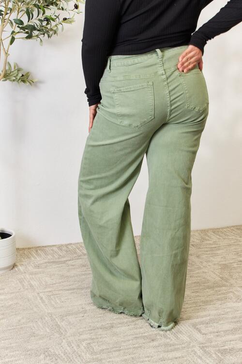 Gray RISEN Full Size Raw Hem Wide-Leg Jeans Sentient Beauty Fashions Apparel &amp; Accessories