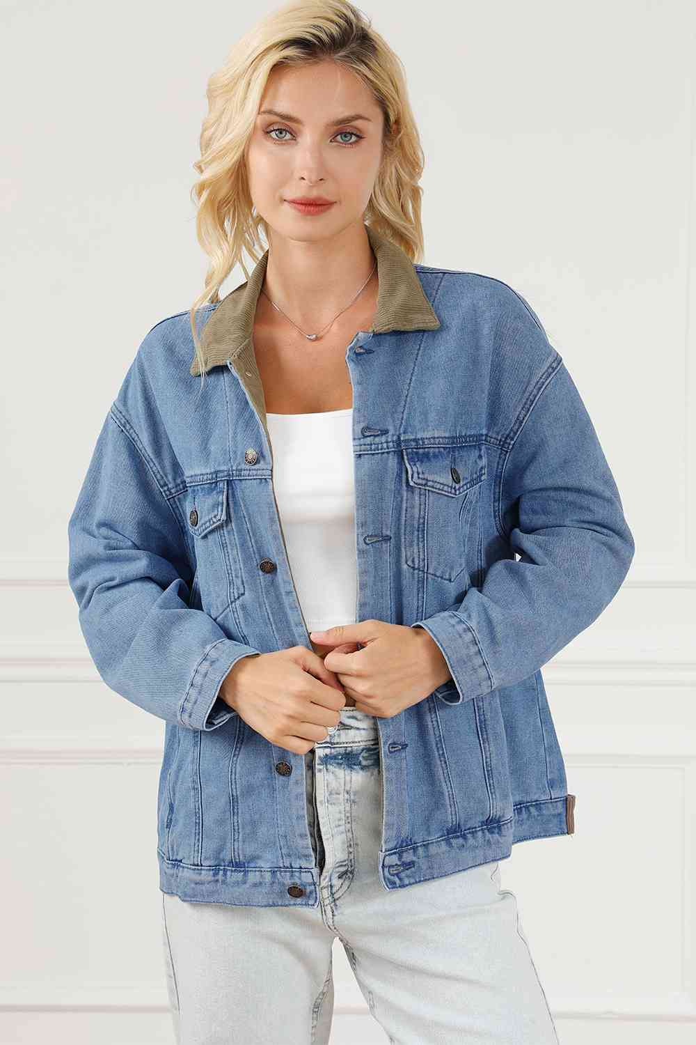 Light Gray Collared Neck Button Front Denim Jacket Sentient Beauty Fashions Apparel &amp; Accessories