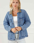Light Gray Collared Neck Button Front Denim Jacket Sentient Beauty Fashions Apparel & Accessories