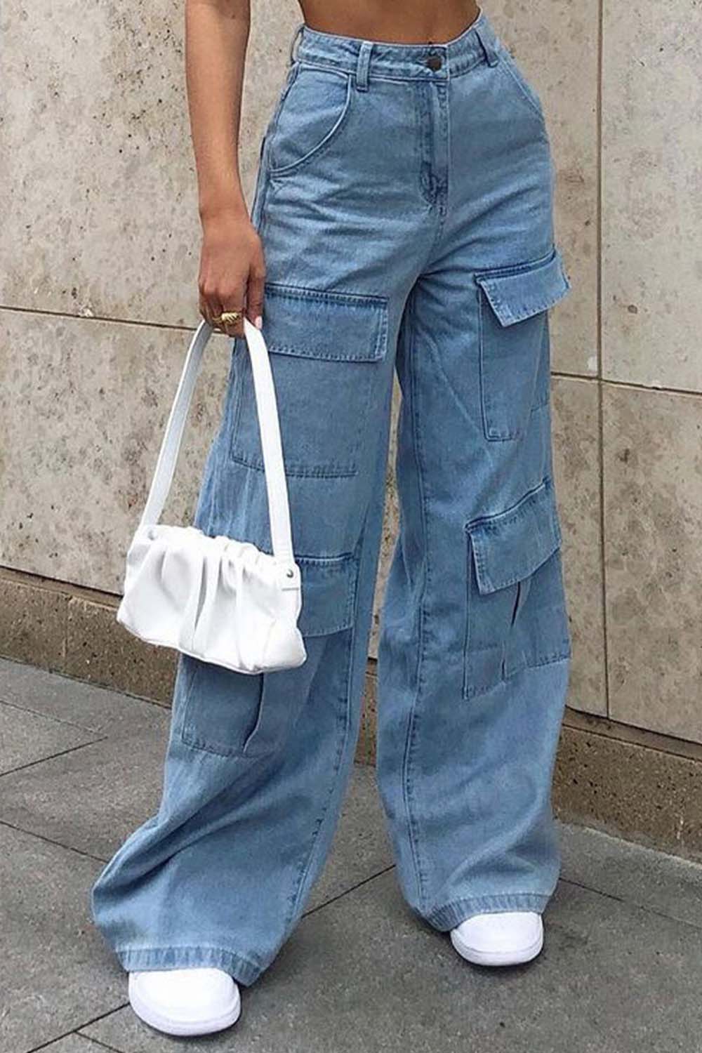 Slate Gray Wide Leg Knee Pocket Jeans Sentient Beauty Fashions Apparel & Accessories