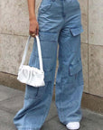 Slate Gray Wide Leg Knee Pocket Jeans Sentient Beauty Fashions Apparel & Accessories
