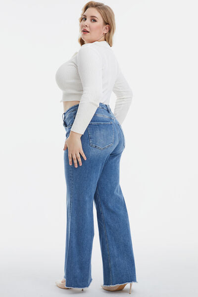 White Smoke BAYEAS Full Size High Waist Button-Fly Raw Hem Wide Leg Jeans Sentient Beauty Fashions Apparel &amp; Accessories
