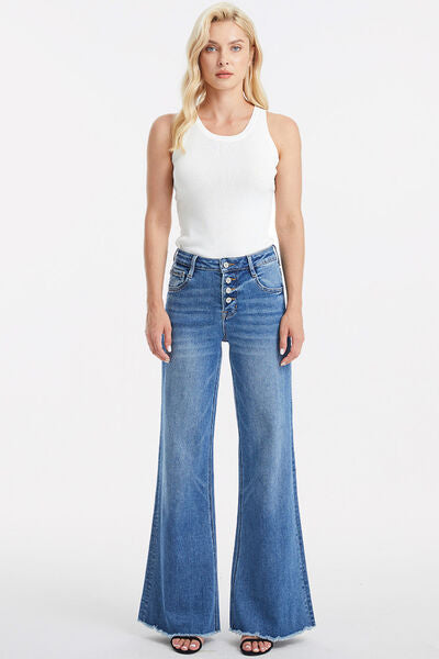 White Smoke BAYEAS Full Size High Waist Button-Fly Raw Hem Wide Leg Jeans Sentient Beauty Fashions Apparel &amp; Accessories