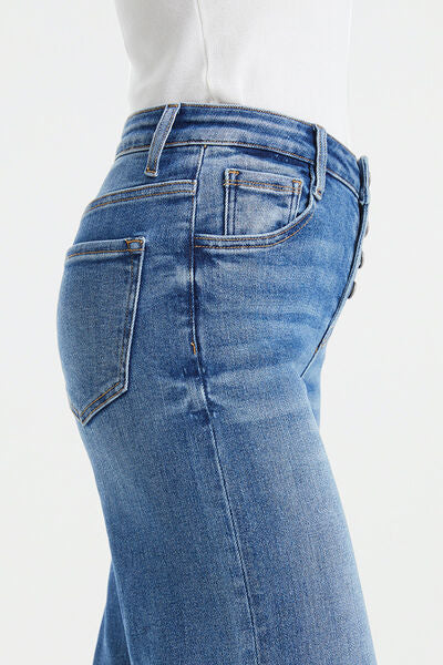 Dark Slate Blue BAYEAS Full Size High Waist Button-Fly Raw Hem Wide Leg Jeans Sentient Beauty Fashions Apparel &amp; Accessories