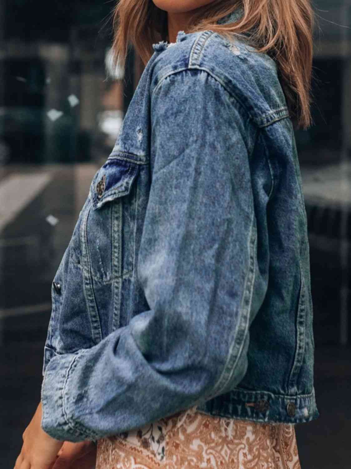 Dark Slate Gray Button Up  Collared Neck Distressed Denim Jacket Sentient Beauty Fashions Apparel & Accessories