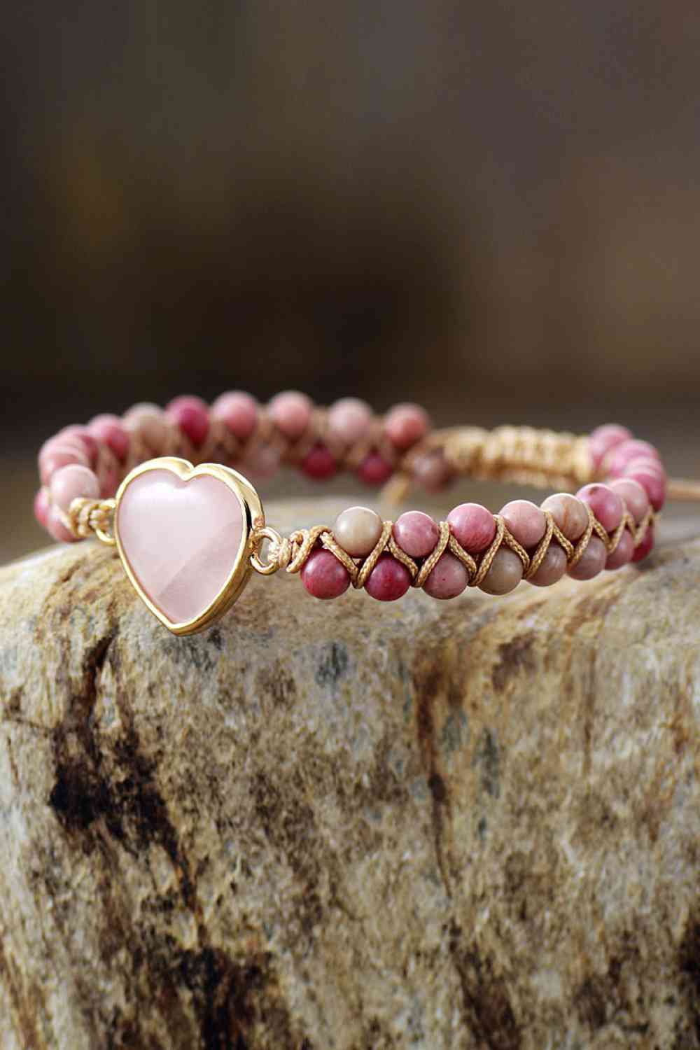 Dark Slate Gray Rose Quartz Heart Beaded Bracelet Sentient Beauty Fashions jewelry