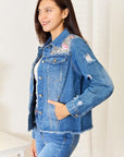 Dark Slate Blue Baeful Leopard Floral Distressed Raw Hem Denim Jacket