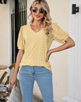 Gray Eyelet Puff Sleeve V-Neck Top