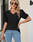 Gray Eyelet Puff Sleeve V-Neck Top