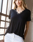 Dark Slate Gray Heimish Lace Detail V-Neck Short Sleeve T-Shirt