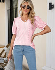 Gray Eyelet Puff Sleeve V-Neck Top