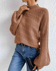 Light Gray Cable-Knit Mock Neck Long Sleeve Sweater