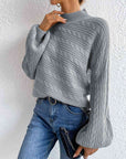 Light Gray Cable-Knit Mock Neck Long Sleeve Sweater