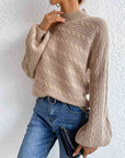 Light Gray Cable-Knit Mock Neck Long Sleeve Sweater