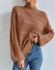 Gray Cable-Knit Mock Neck Long Sleeve Sweater
