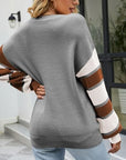 Light Slate Gray Color Block V-Neck Dropped Shoulder Sweater