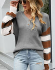 Gray Color Block V-Neck Dropped Shoulder Sweater