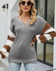 Light Slate Gray Color Block V-Neck Dropped Shoulder Sweater