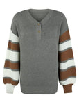 Dim Gray Color Block V-Neck Dropped Shoulder Sweater