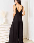 Black Double Take Full Size Soft Rayon Spaghetti Strap Tied Wide Leg Jumpsuit