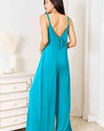 Light Sea Green Double Take Full Size Soft Rayon Spaghetti Strap Tied Wide Leg Jumpsuit
