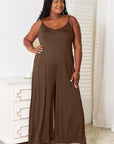 Dark Olive Green Double Take Full Size Soft Rayon Spaghetti Strap Tied Wide Leg Jumpsuit
