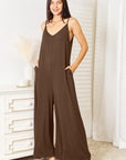 Dark Olive Green Double Take Full Size Soft Rayon Spaghetti Strap Tied Wide Leg Jumpsuit
