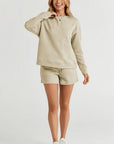 Light Gray Double Take Full Size Texture Long Sleeve Top and Drawstring Shorts Set
