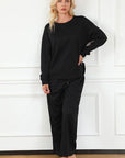 Black Double Take Full Size Textured Long Sleeve Top and Drawstring Pants Set