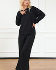 Black Double Take Full Size Textured Long Sleeve Top and Drawstring Pants Set