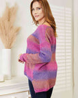 Light Gray Double Take Multicolored Rib-Knit V-Neck Knit Pullover